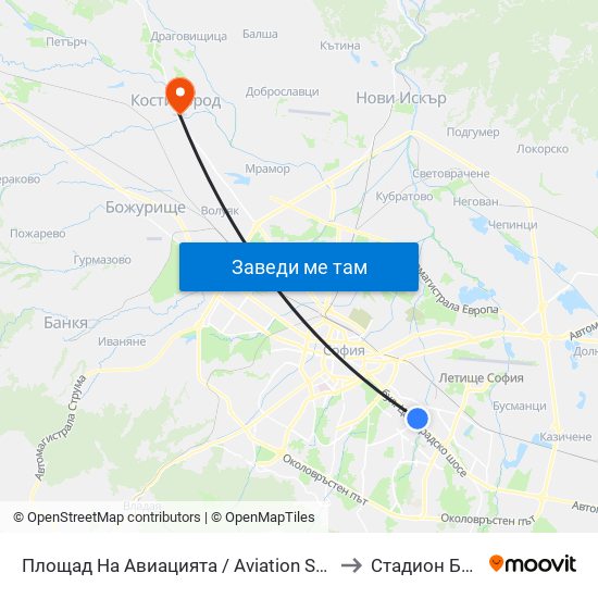 Площад На Авиацията / Aviation Square (1258) to Стадион Белица map