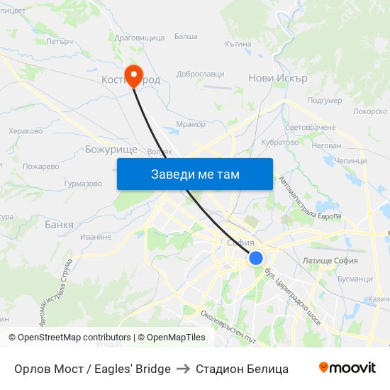 Орлов Мост / Eagles' Bridge to Стадион Белица map