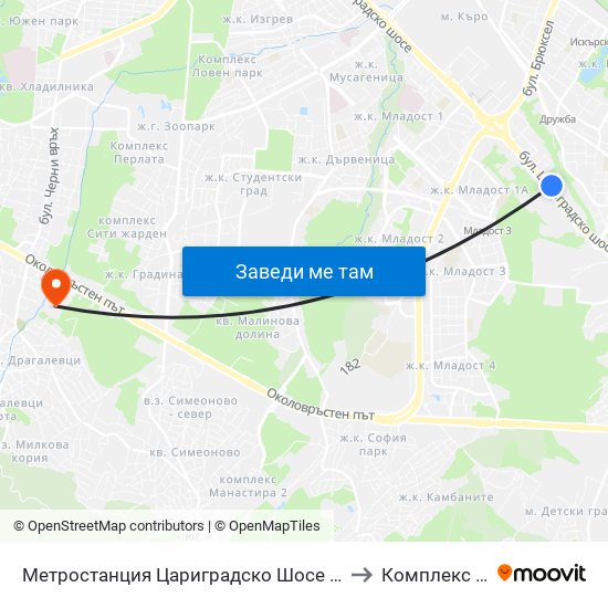 Метростанция Цариградско Шосе / Tsarigradsko Shosse Metro Station (1016) to Комплекс ""Царско Село"" map