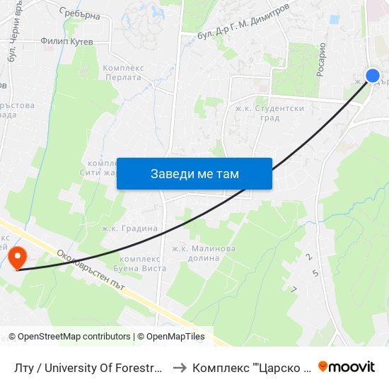 Лту / University Of Forestry (0614) to Комплекс ""Царско Село"" map