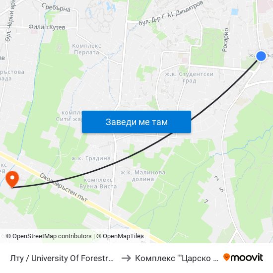 Лту / University Of Forestry (0617) to Комплекс ""Царско Село"" map