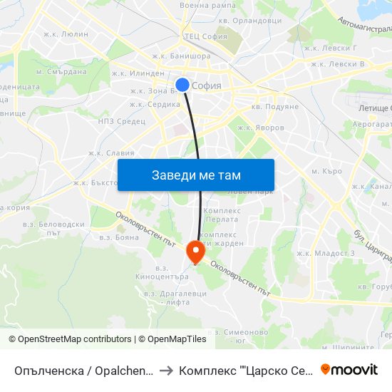Опълченска / Opalchenska to Комплекс ""Царско Село"" map