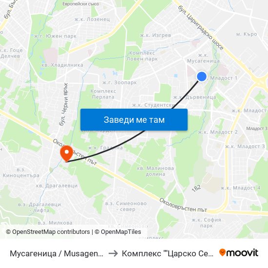 Мусагеница /  Musagenitsa to Комплекс ""Царско Село"" map