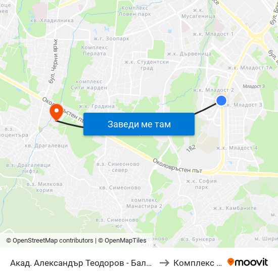 Акад. Александър Теодоров - Балан / Akademik Aleksandar Teodorov - Balan to Комплекс ""Царско Село"" map