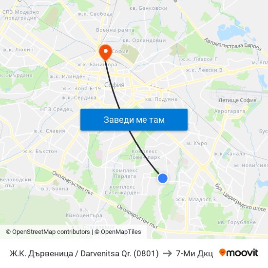 Ж.К. Дървеница / Darvenitsa Qr. (0801) to 7-Ми Дкц map
