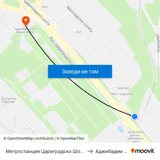 Ⓜ️ Метростанция Цариградско Шосе / Tsarigradsko Shosse Metro Station (1016) to Аджибадем Сити Клиник Умбал map