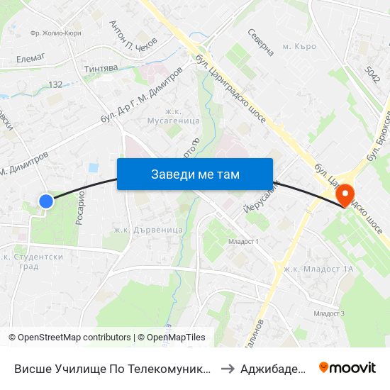 Висше Училище По Телекомуникации / University Of Telecommunications And Post (1396) to Аджибадем Сити Клиник Умбал map