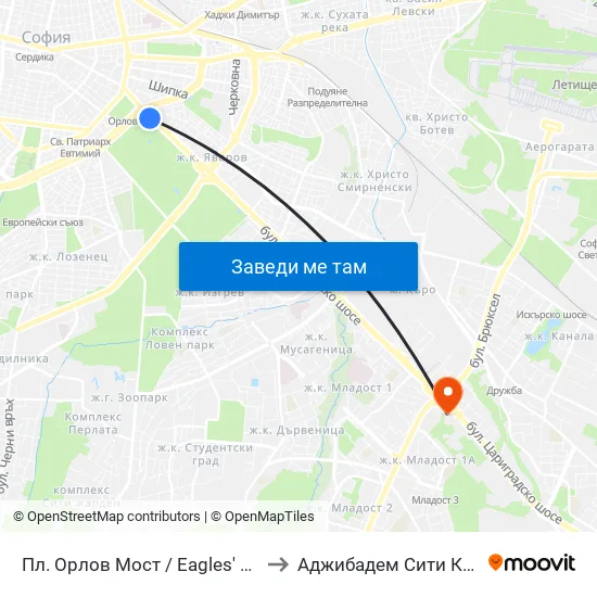 Ⓜ️ Пл. Орлов Мост / Eagles' Bridge Sq. (1287) to Аджибадем Сити Клиник Умбал map