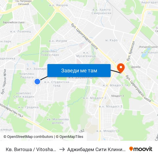 Кв. Витоша / Vitosha (0821) to Аджибадем Сити Клиник Умбал map