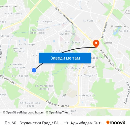 Бл. 60 - Студенстки Град / Bl. 60, Students' Town (2507) to Аджибадем Сити Клиник Умбал map