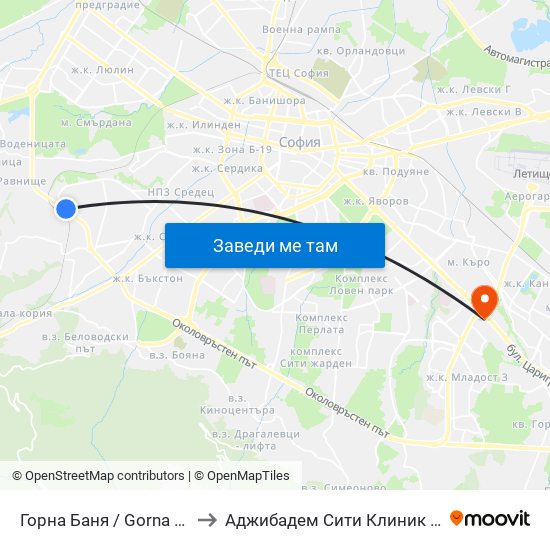 Горна Баня / Gorna Banya to Аджибадем Сити Клиник Умбал map