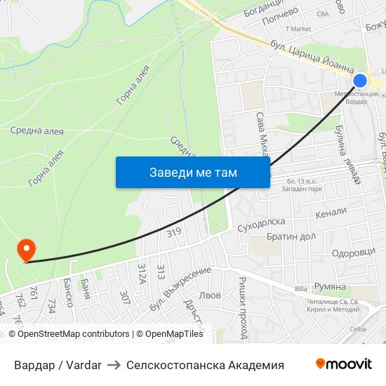 Вардар / Vardar to Селскостопанска Академия map