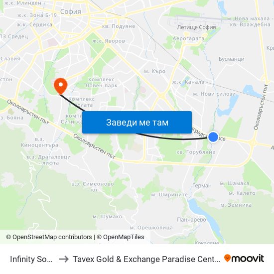 Infinity Sofia to Tavex Gold & Exchange Paradise Center map