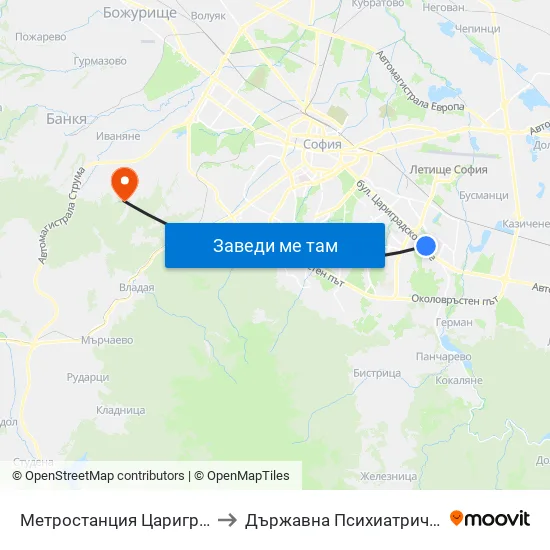 Ⓜ️ Метростанция Цариградско Шосе / Tsarigradsko Shosse Metro Station (1016) to Държавна Психиатрична Болница За Лечение На Наркомании И Алкохолизъм map