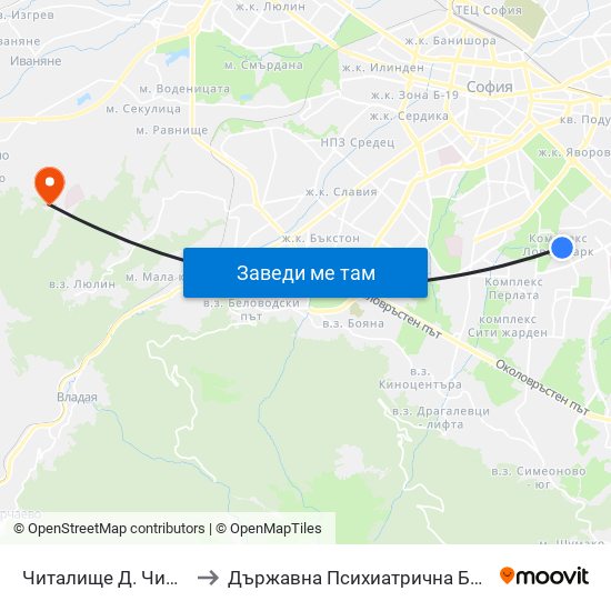 Читалище Д. Чинтулов / D. Chintulov Library (2366) to Държавна Психиатрична Болница За Лечение На Наркомании И Алкохолизъм map