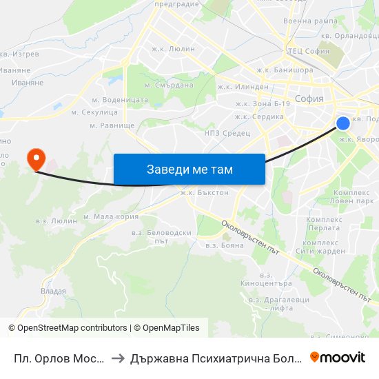 Пл. Орлов Мост / Eagles' Bridge Sq. (1290) to Държавна Психиатрична Болница За Лечение На Наркомании И Алкохолизъм map