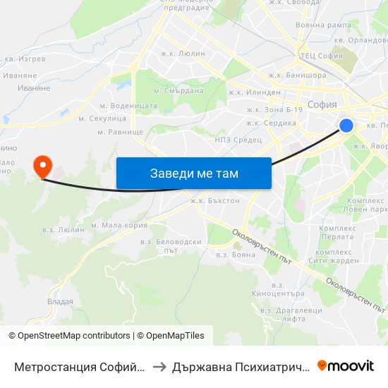 Метростанция Софийски Университет / Sofia University Metro Station (2827) to Държавна Психиатрична Болница За Лечение На Наркомании И Алкохолизъм map