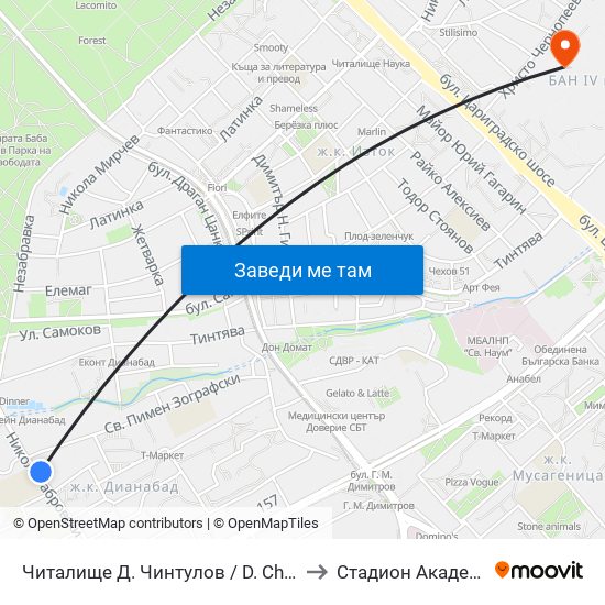 Читалище Д. Чинтулов / D. Chintulov Library (2366) to Стадион Академик-Плиска map