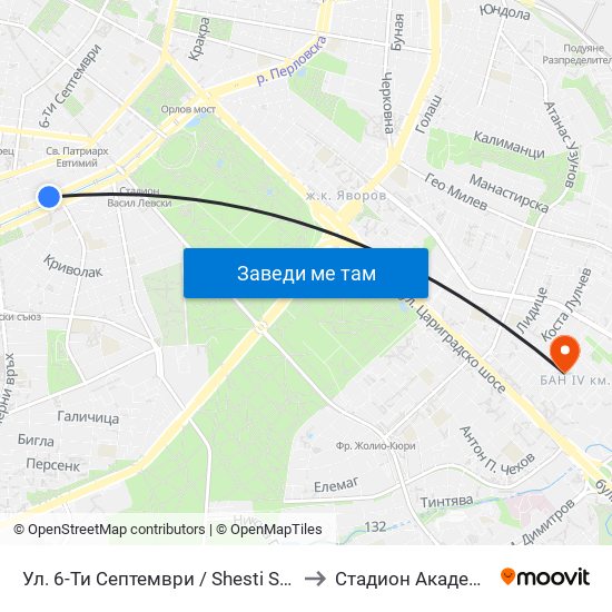 Ул. 6-Ти Септември / Shesti Septemvri St. (1808) to Стадион Академик-Плиска map