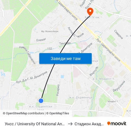 Унсс / University Of National And World Economy (1691) to Стадион Академик-Плиска map
