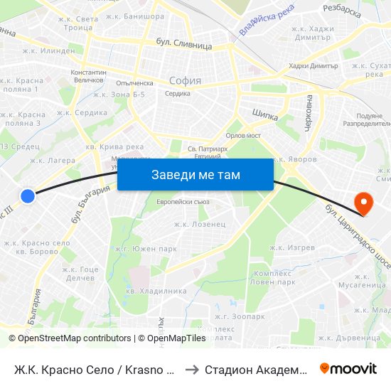 Ж.К. Красно Село / Krasno Selo Qr. (0638) to Стадион Академик-Плиска map