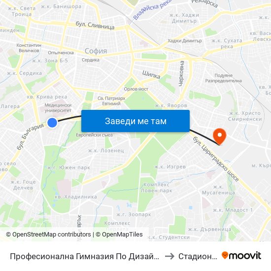 Професионална Гимназия По Дизайн Елисавета Вазова / Elisaveta Vazova High School Of Design (1736) to Стадион Академик-Плиска map
