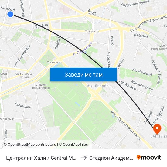 Централни Хали / Central Market Hall (2334) to Стадион Академик-Плиска map