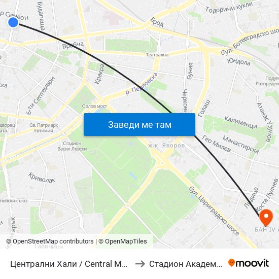 Централни Хали / Central Market Hall (2337) to Стадион Академик-Плиска map