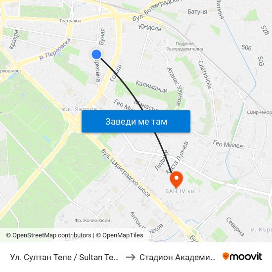 Ул. Султан Тепе / Sultan Tepe St. (2194) to Стадион Академик-Плиска map