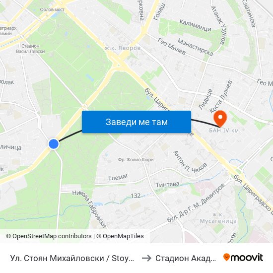 Ул. Стоян Михайловски / Stoyan Mihaylovski St. (2692) to Стадион Академик-Плиска map
