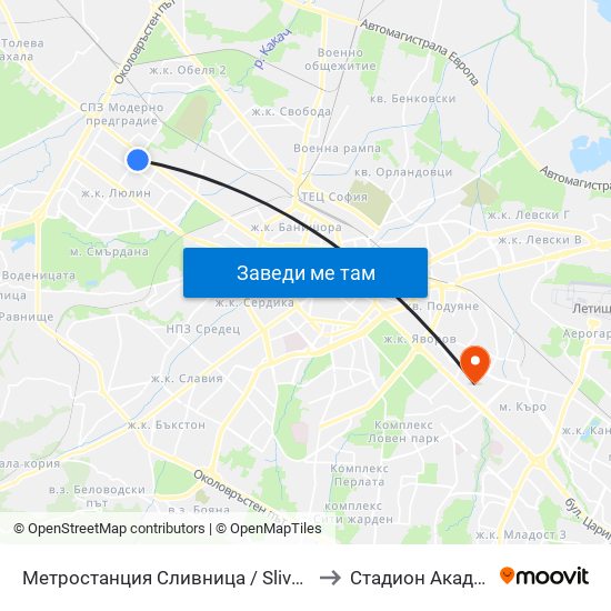 Метростанция Сливница / Slivnitsa Metro Station (1063) to Стадион Академик-Плиска map