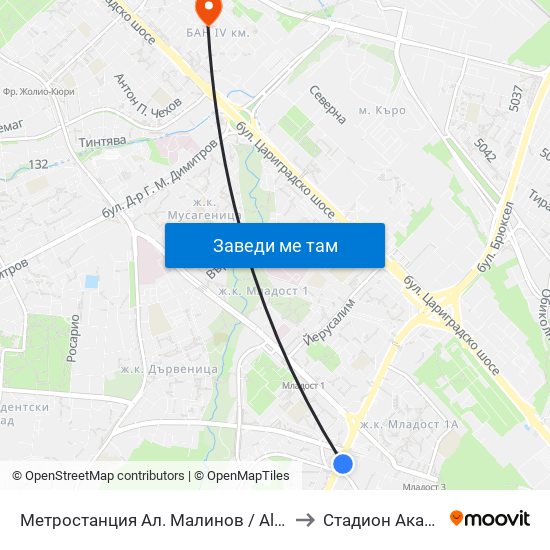 Метростанция Ал. Малинов / Al. Malinov Metro Station (0170) to Стадион Академик-Плиска map