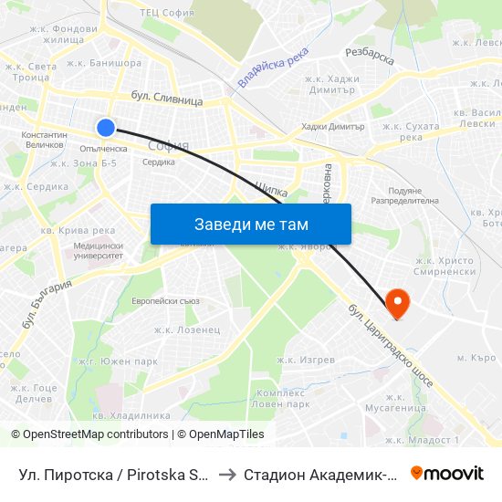 Ул. Пиротска / Pirotska St. (2111) to Стадион Академик-Плиска map