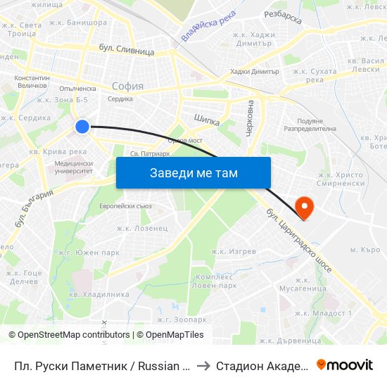 Пл. Руски Паметник / Russian Monument Sq. (1296) to Стадион Академик-Плиска map