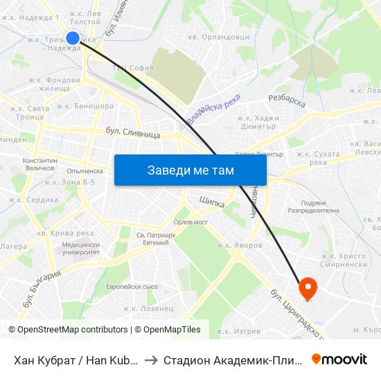 Хан Кубрат / Han Kubrat to Стадион Академик-Плиска map