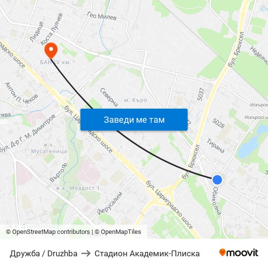 Дружба / Druzhba to Стадион Академик-Плиска map