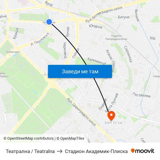 Театрална / Teatralna to Стадион Академик-Плиска map