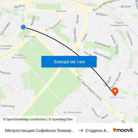 Метростанция Софийски Университет / Sofia University Metro Station (2827) to Стадион Академик-Плиска map
