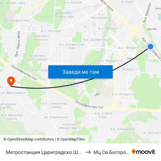 Метростанция Цариградско Шосе / Tsarigradsko Shosse Metro Station (1016) to Мц Св.Богородица - Възвестителка map