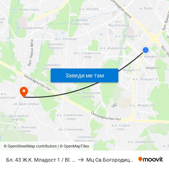 Бл. 43 Ж.К. Младост 1 / Bl. 43, Mladost 1 Qr. (0218) to Мц Св.Богородица - Възвестителка map