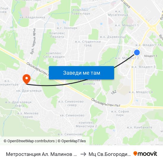 Метростанция Ал. Малинов / Al. Malinov Metro Station (0169) to Мц Св.Богородица - Възвестителка map