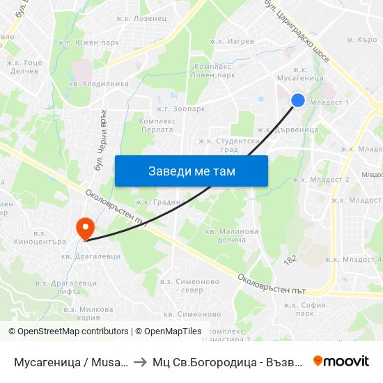 Мусагеница /  Musagenitsa to Мц Св.Богородица - Възвестителка map
