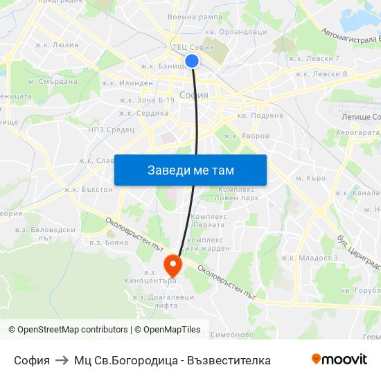София to Мц Св.Богородица - Възвестителка map