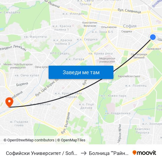 Софийски Университет / Sofia University (1697) to Болница ""Райна Княгиня"" map