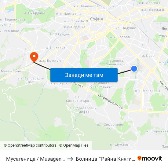 Мусагеница /  Musagenitsa to Болница ""Райна Княгиня"" map