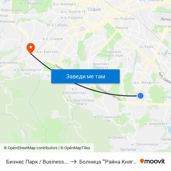 Бизнес Парк / Business Park to Болница ""Райна Княгиня"" map