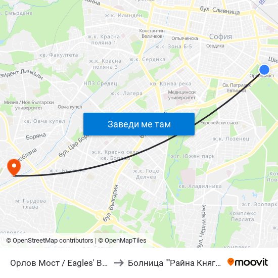 Орлов Мост / Eagles' Bridge to Болница ""Райна Княгиня"" map