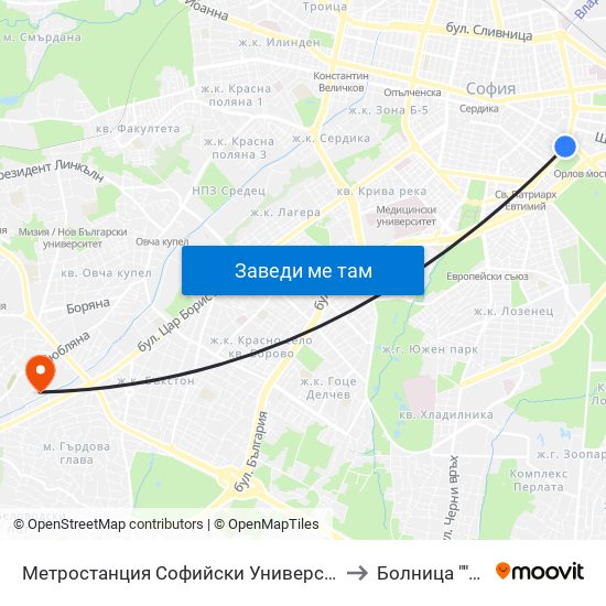 Метростанция Софийски Университет / Sofia University Metro Station (2827) to Болница ""Райна Княгиня"" map