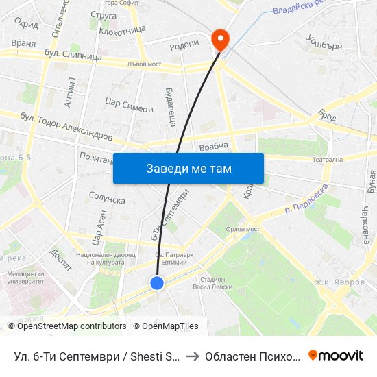 Ул. 6-Ти Септември / Shesti Septemvri St. (1808) to Областен Психо-Диспансер map