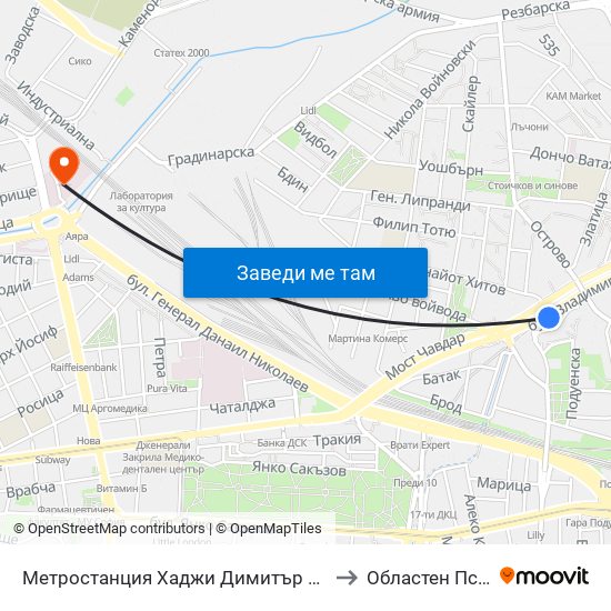 Метростанция Хаджи Димитър / Hadzhi Dimitar Metro Station (0303) to Областен Психо-Диспансер map